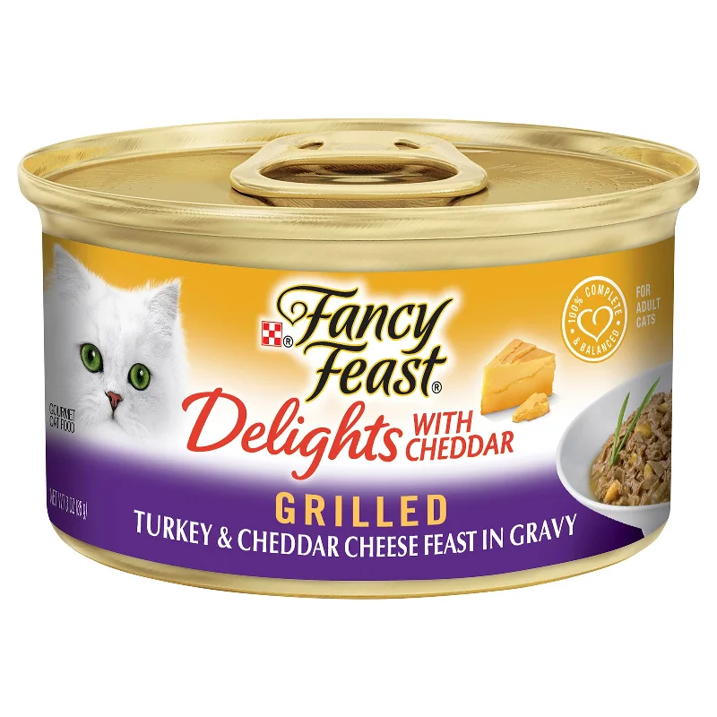    - Cat food for spayed/neutered cats  Fancy Feast Cat Food Can Adult Delights with Cheddar Turkey