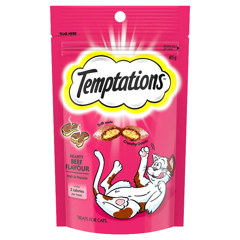    - High-protein cat food  Temptations Hearty Beef Flavour Cat Treats