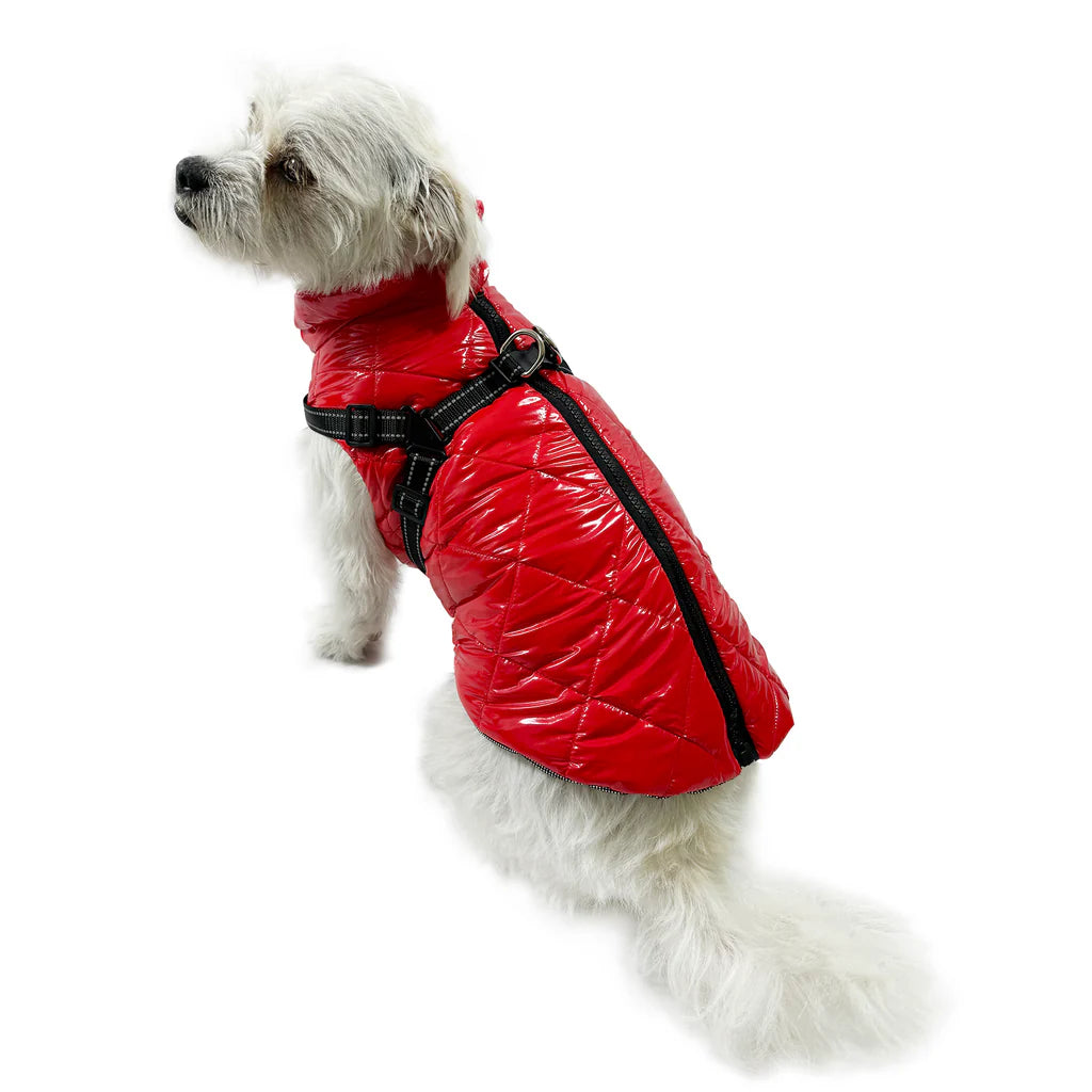 Pet birthday party clothesWater Resistant Puffy Vest with Sewn-In Harness - Red